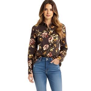 Chaps Womens Button down Shirt Sz Medium Floral Long Sleeve Dark Academia Brown